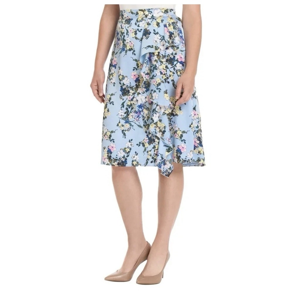 Ted Baker Skirt Blue Floral Print‎ Ruffle Elastic Waist Women's Size XL NWOT
